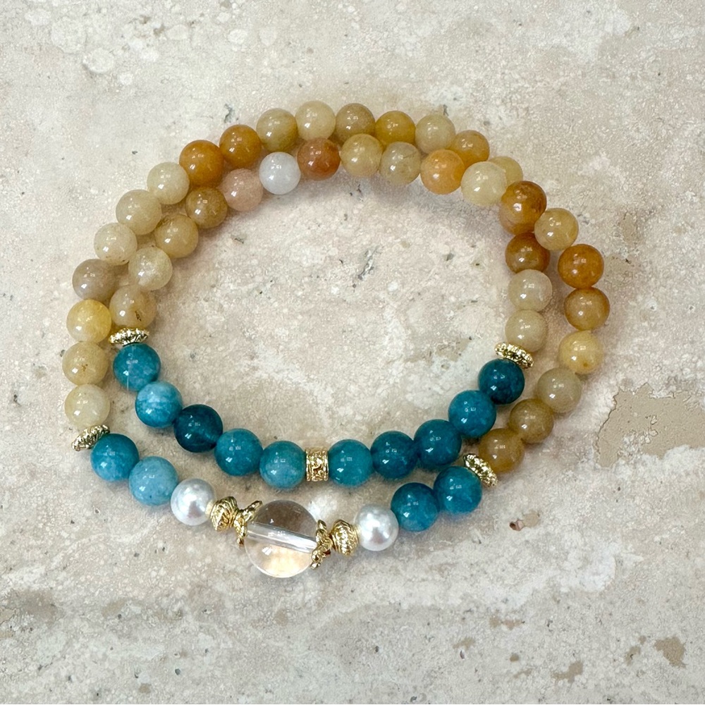 HANDMADE Blue & Gold/Yellow Gemstone Beaded Double-Wrap Stretchy Bracelet